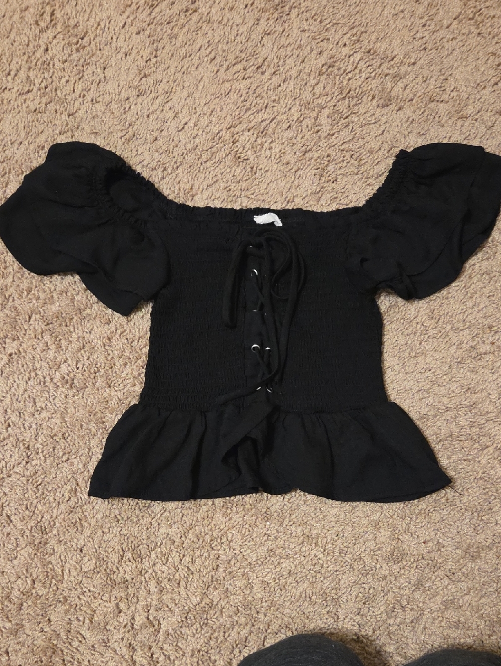 Black Lace-Up Smocked Peasant Crop Top